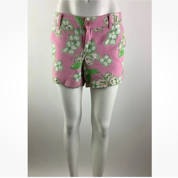 Lilly Pulitzer Sz 10 Callahan Butterfly Print Shorts Pink Green 100% Cotton - Picture 1 of 6